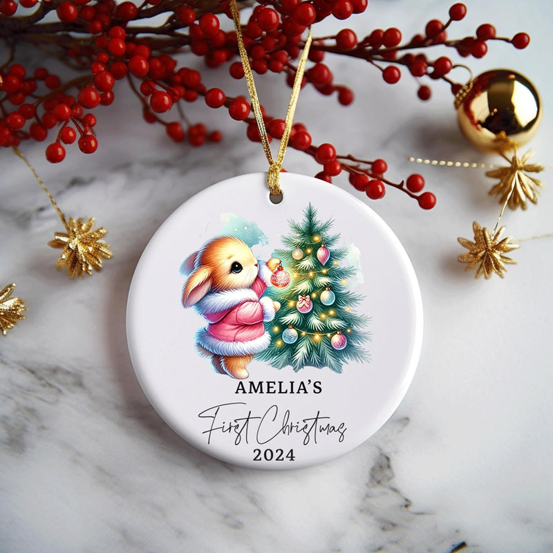 Personalised Baby's First Christmas Decoration | Keepsake Christmas Bauble Gift Ceramic Ornament | Baby's 1st Christmas bunny rabbit decor - little crafty souls