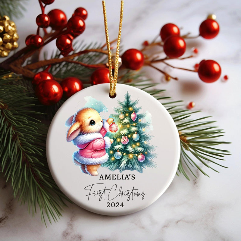 Personalised Baby's First Christmas Decoration | Keepsake Christmas Bauble Gift Ceramic Ornament | Baby's 1st Christmas bunny rabbit decor - little crafty souls