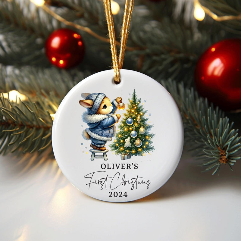 Personalised Baby's First Christmas Decoration | Keepsake Christmas Bauble Gift Ceramic Ornament | Baby's 1st Christmas bunny rabbit decor - little crafty souls