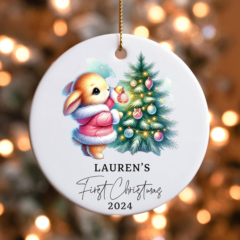 Personalised Baby's First Christmas Decoration | Keepsake Christmas Bauble Gift Ceramic Ornament | Baby's 1st Christmas bunny rabbit decor - little crafty souls