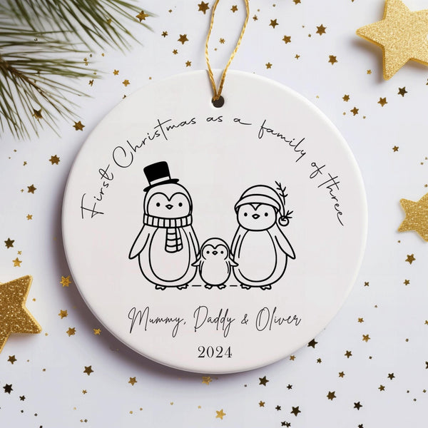 Personalised First Christmas as a Family of 3 Decoration, Keepsake Christmas Bauble Gift Ceramic Ornament, Baby's First Christmas Decoration - little crafty souls