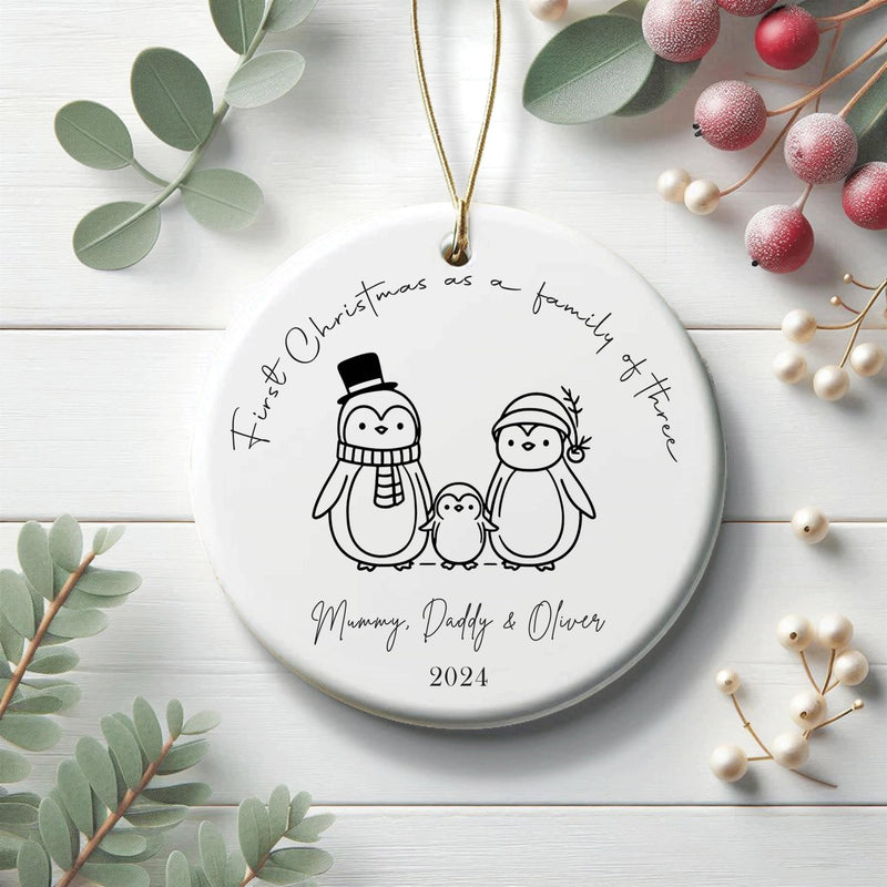 Personalised First Christmas as a Family of 3 Decoration, Keepsake Christmas Bauble Gift Ceramic Ornament, Baby's First Christmas Decoration - little crafty souls