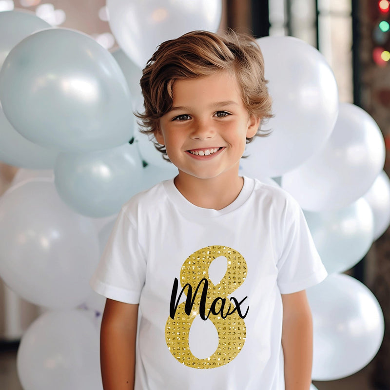 Personalised Gold Kids Name and age Birthday Party T-Shirt, personalised kids birthday tshirt, Boys birthday tshirt, girls birthday tshirt - little crafty souls