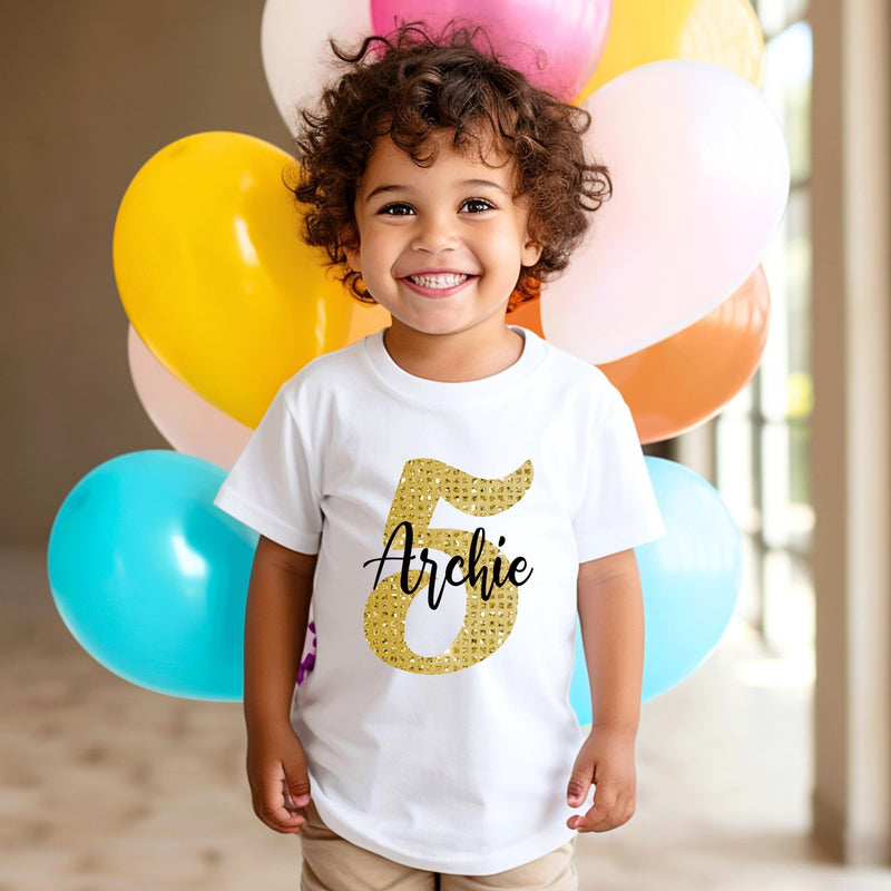 Personalised Gold Kids Name and age Birthday Party T-Shirt, personalised kids birthday tshirt, Boys birthday tshirt, girls birthday tshirt - little crafty souls