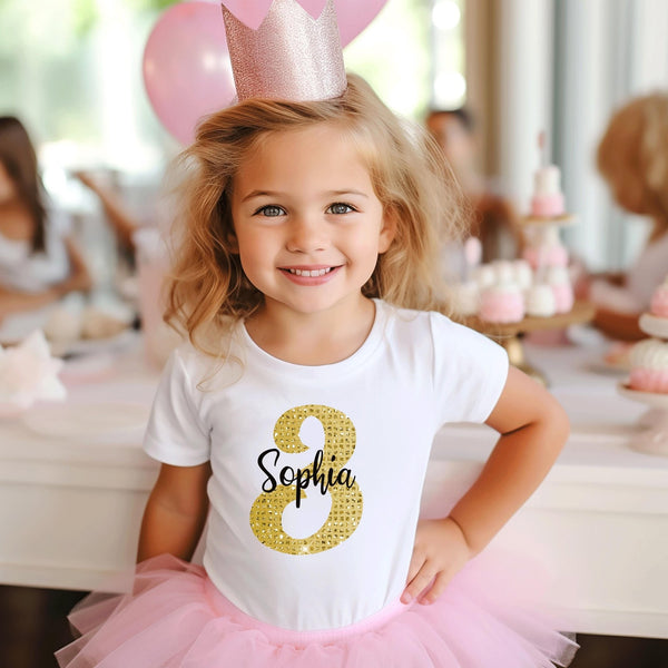 Personalised Gold Kids Name and age Birthday Party T-Shirt, personalised kids birthday tshirt, Boys birthday tshirt, girls birthday tshirt - little crafty souls