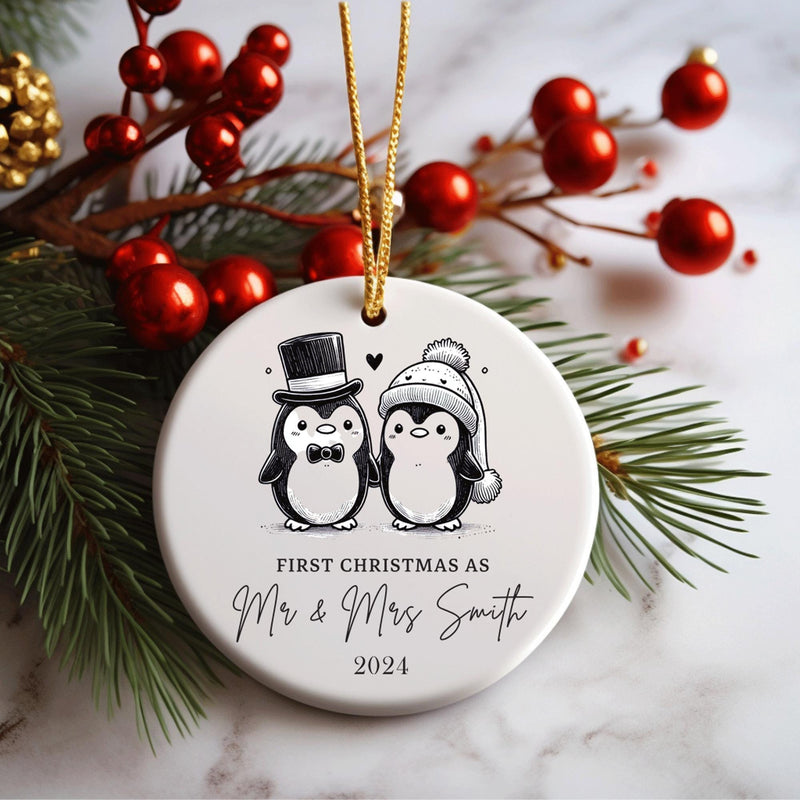 Personalised Penguin First Christmas as Mr and Mrs Ornament, Newlyweds gift, for newly married Christmas gift Decoration, wedding bauble - little crafty souls