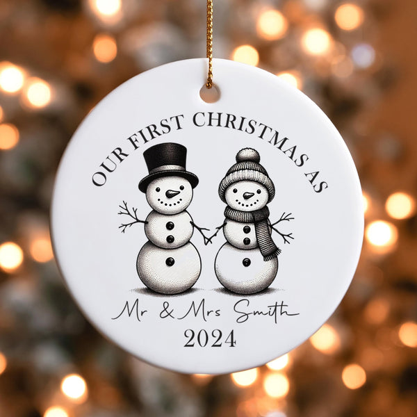 Personalised Snowman First Christmas as Mr and Mrs Ornament, Newlyweds gift, for newly married Christmas gift Decoration, wedding bauble - little crafty souls