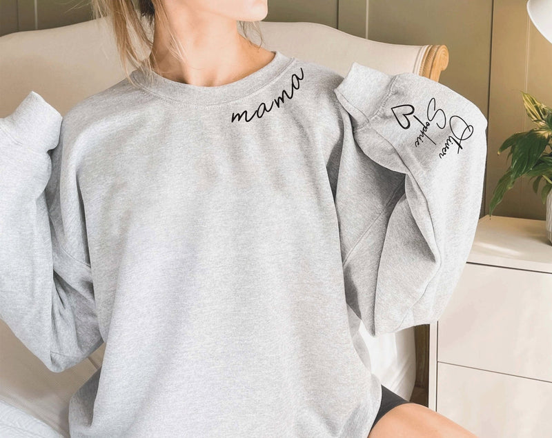 Custom Mama Sweatshirt with Kid Name on Sleeve - little crafty souls