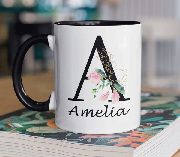 Personalised mug with custom initial and name of choice in a black flowery Letter. This customizable mug is the perfect gift idea for her. - little crafty souls