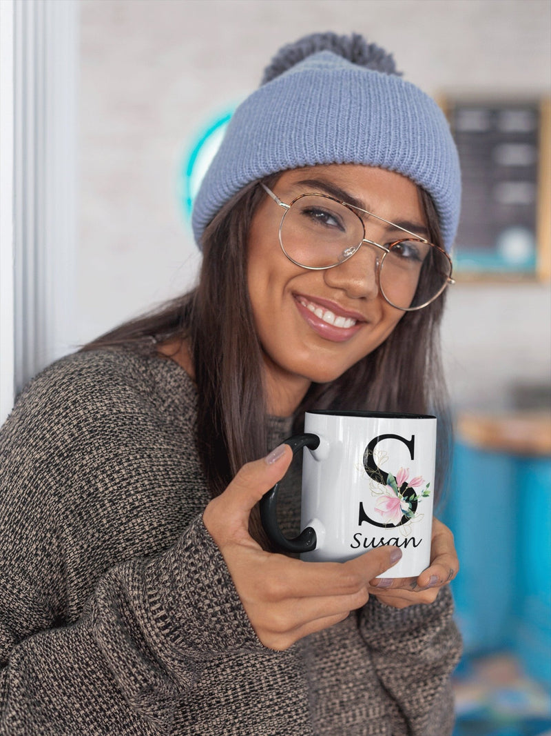 Personalised mug with custom initial and name of choice in a black flowery Letter. This customizable mug is the perfect gift idea for her. - little crafty souls