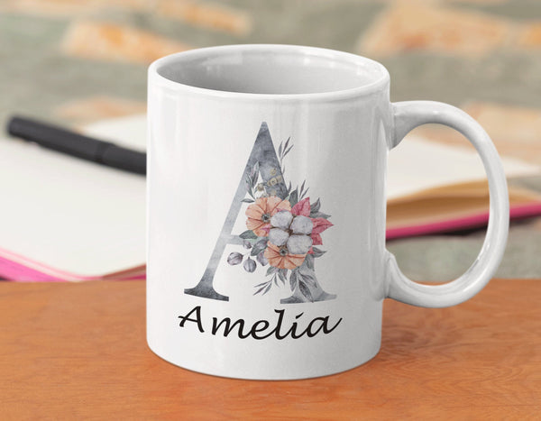 Personalised mug with custom initial and name of choice in a watercolour flowery Letter. This customizable mug is the perfect gift for her. - little crafty souls