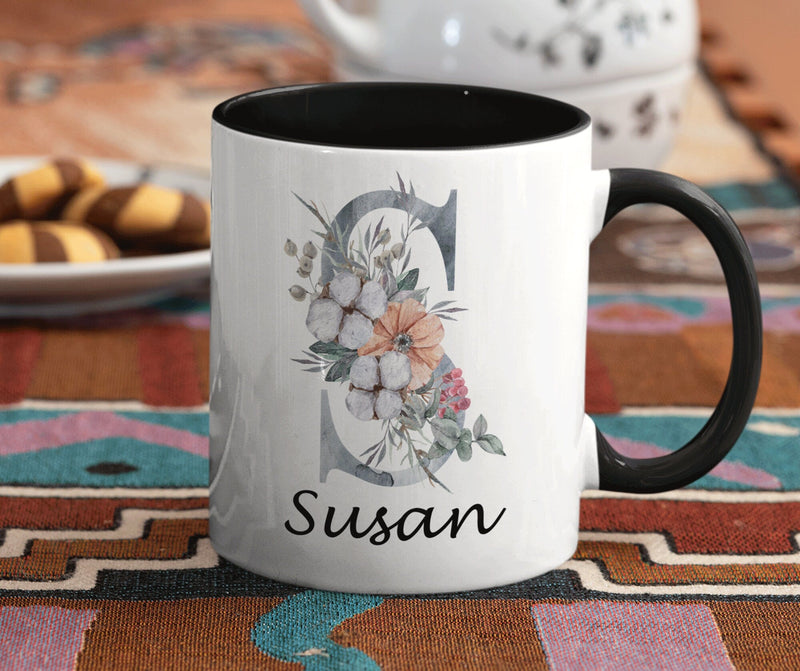 Personalised mug with custom initial and name of choice in a watercolour flowery Letter. This customizable mug is the perfect gift for her. - little crafty souls