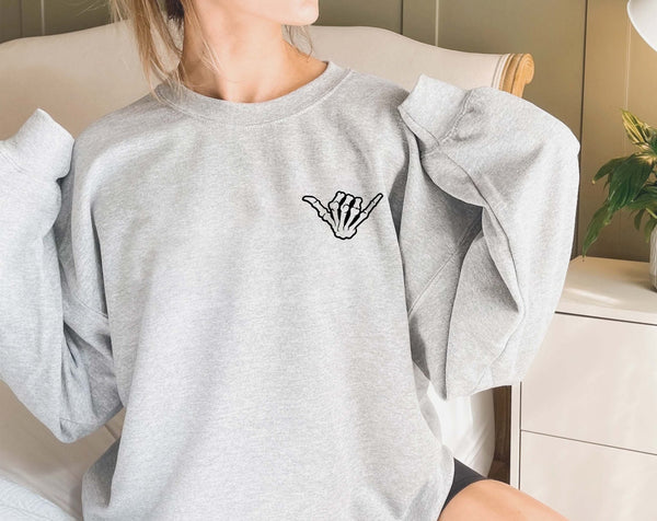 Skeleton Rock Hand, Skeleton sweater, subtle halloween sweatshirt, rock halloween tshirt, gothic jumper UK, skeleton hoodie UK - little crafty souls