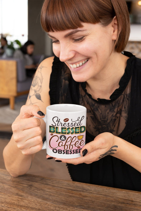 Stressed blessed and coffee obsessed, funny mug, office gift, offensive mug, gift for her, joke mugs, sassy mug - little crafty souls