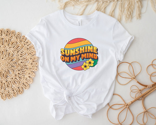 Sunshine on my mind tshirt, sunny tshirt, retro tshirt, retro sun shirt, groovy shirt, hippie tshirt, sunny holiday tshirt, summer tshirt - little crafty souls