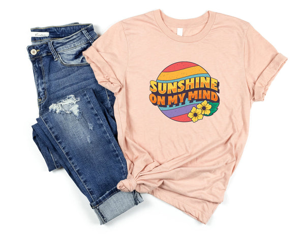 Sunshine on my mind tshirt, sunny tshirt, retro tshirt, retro sun shirt, groovy shirt, hippie tshirt, sunny holiday tshirt, summer tshirt - little crafty souls