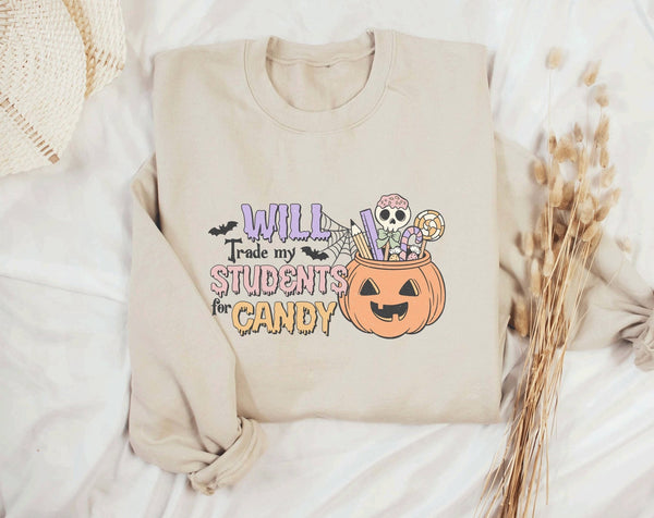 Will trade students for candy halloween sweatshirt - little crafty souls