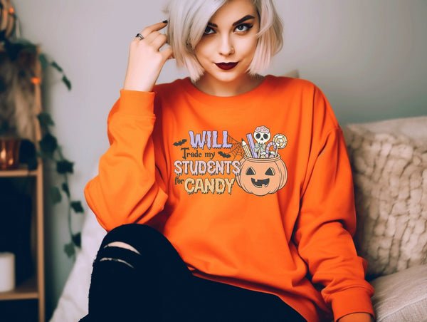 Will trade students for candy halloween sweatshirt - little crafty souls